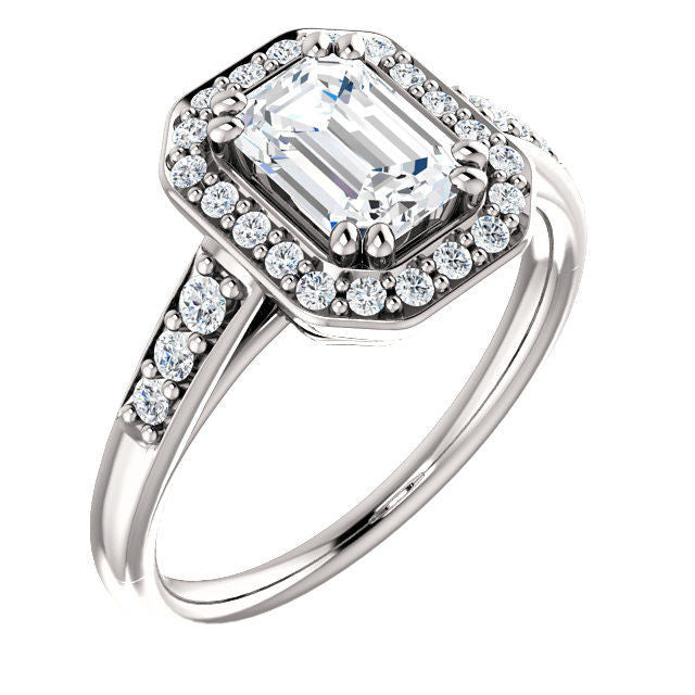 White Gold Emerald Cut Halo Engagement Ring