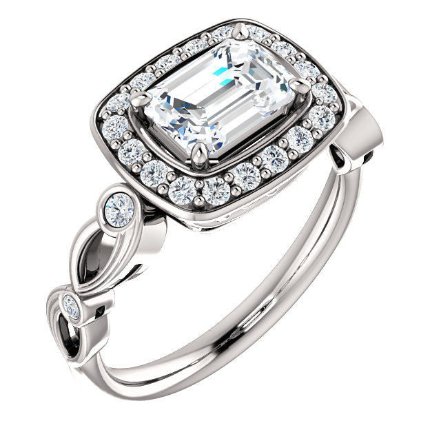 White Gold Emerald Cut Halo Engagement Ring