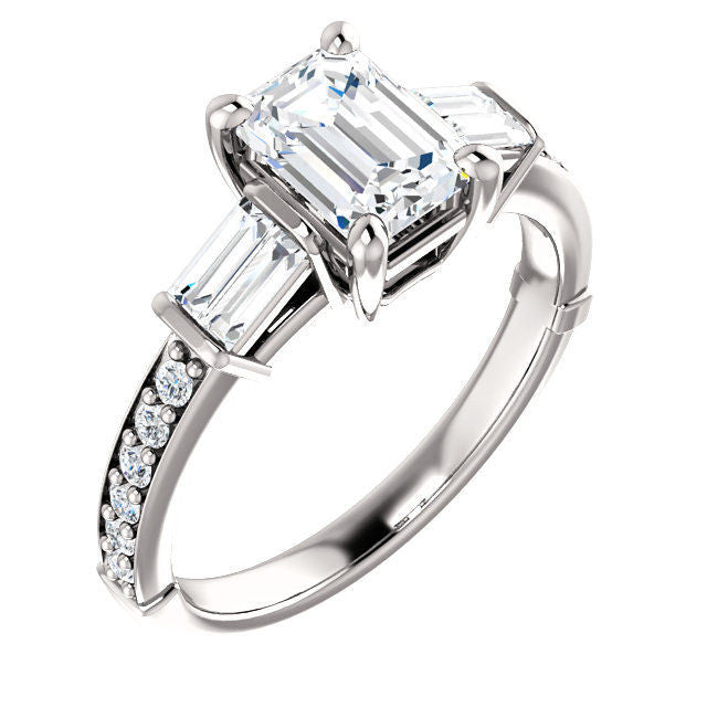 White Gold Emerald Cut Diamond Accent Engagement Ring
