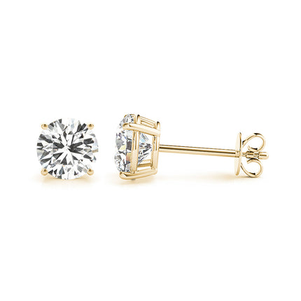 A 5.0 carat total weight lab-grown diamond stud earrings in yellow gold. 