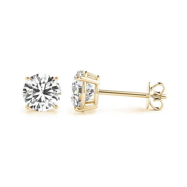 A 5.0 carat total weight lab-grown diamond stud earrings in yellow gold. 