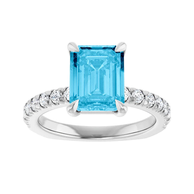Emerald Cut Aquamarine Diamond Accent Engagement Ring