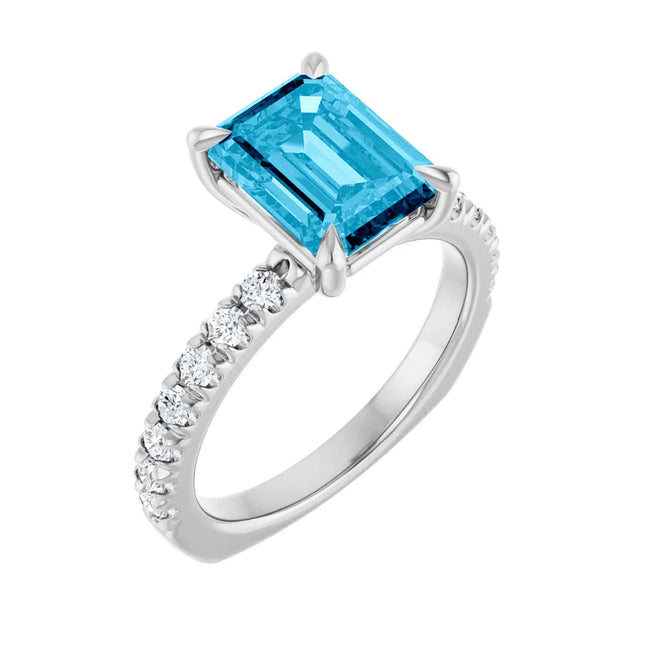 Emerald Cut Aquamarine Diamond Accent Engagement Ring