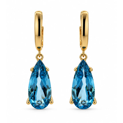 A pair of gold lever back drop earrings featuring faceted teardrop-shaped blue topaz in a four-prong setting, shown against a plain white background.