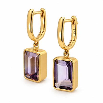 Emerald Cut Ametrine Bezel Drop Earrings