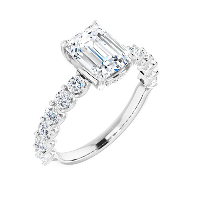 White gold emerald cut diamond accent engagement ring