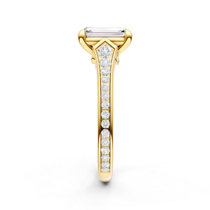 A side view of a yellow gold diamond accent engagement ring. 
