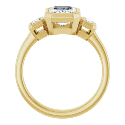 Three Stone Bezel Set Emerald Cut Engagement Ring