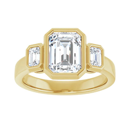 Three Stone Bezel Set Emerald Cut Engagement Ring