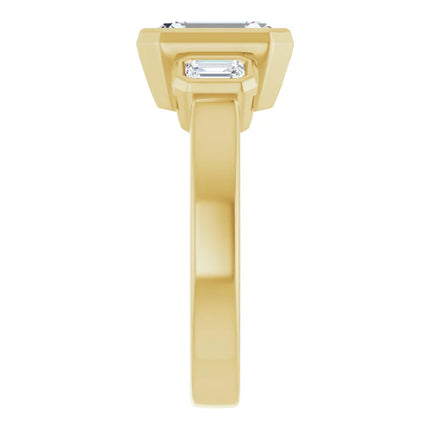 Three Stone Bezel Set Emerald Cut Engagement Ring