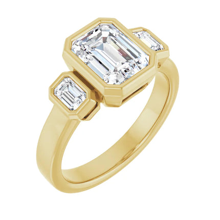 Three Stone Bezel Set Emerald Cut Engagement Ring