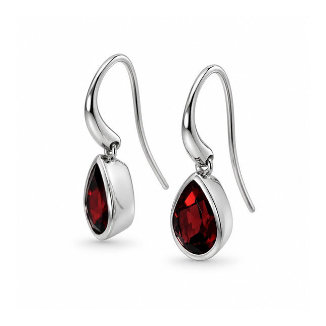 A side view of a garnet drop earring in sterling silver. 