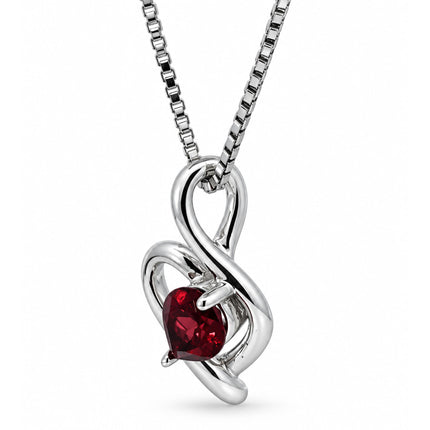 An angled pendant with a garnet gemstone hanging on a sterling silver box chain. 