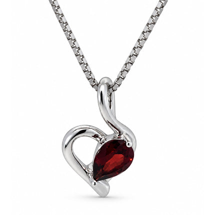 A heart shape pendant with a garnet in sterling silver hanging on a sterling silver chain. 