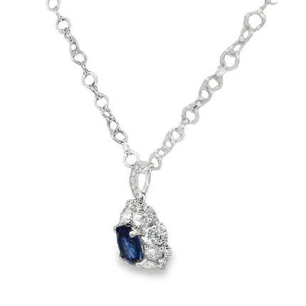 18K Oval Blue Sapphire & Diamond Halo Necklace