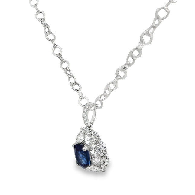 18K Oval Blue Sapphire & Diamond Halo Necklace