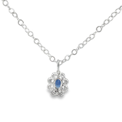 18K Oval Blue Sapphire & Diamond Halo Necklace