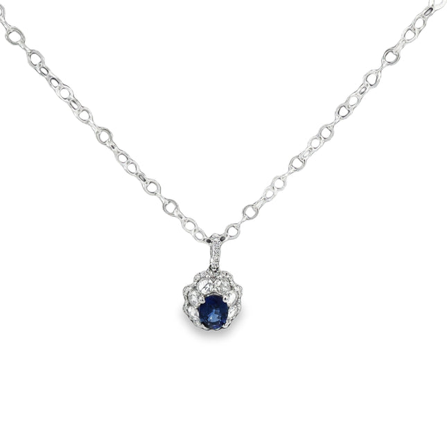 18K Oval Blue Sapphire & Diamond Halo Necklace