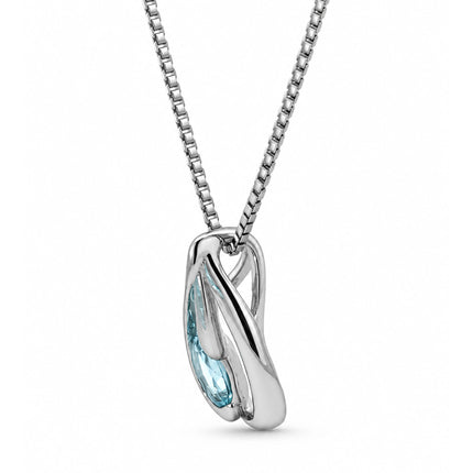 An angled image of a blue topaz sterling silver necklace. 