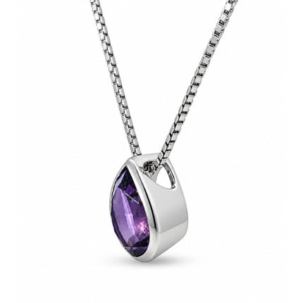 An angled view of an amethyst slider pendant hanging on a sterling silver chain. 