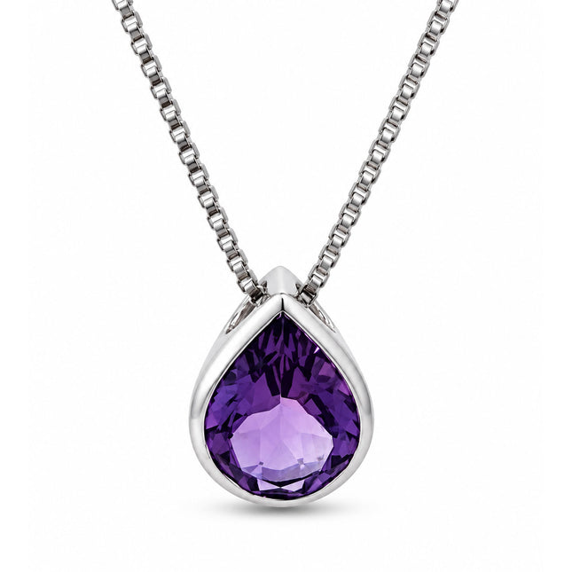 Bezel set pear shape amethyst slider pendant on a sterling silver chain 