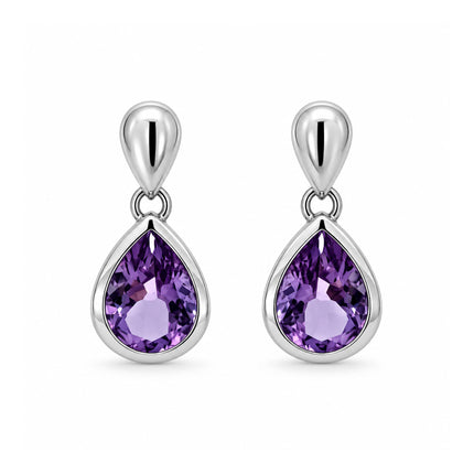 A pair of sterling silver friction back drop amethyst earrings. 