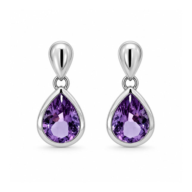A pair of sterling silver friction back drop amethyst earrings. 