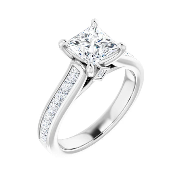 White gold princess cut diamond engagement ring with hidden diamonds under the crown