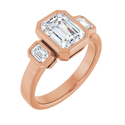 Three Stone Bezel Set Emerald Cut Engagement Ring