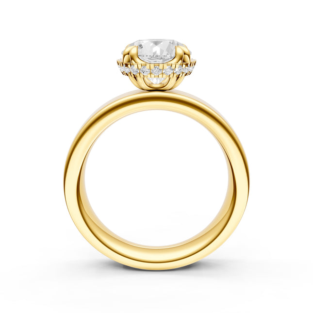 Yellow gold diamond ring with a hidden halo side profile