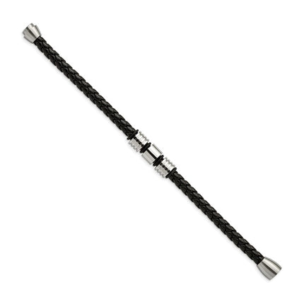 Stainless Steel & Braided Black Leather Men's Bracelet