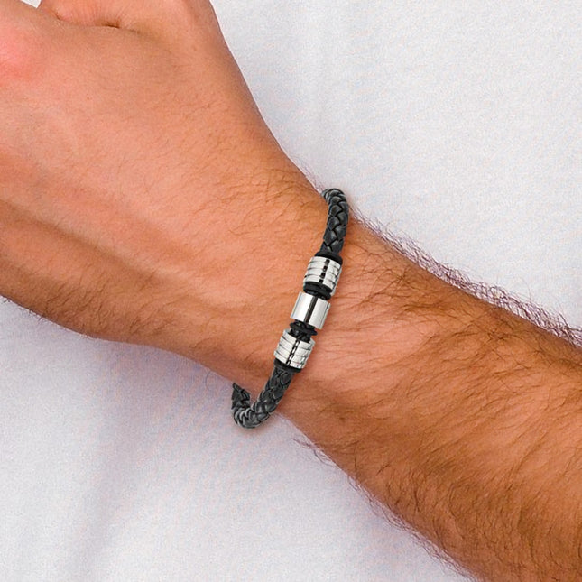 Stainless Steel & Braided Black Leather Men's Bracelet