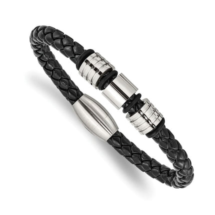 Stainless Steel & Braided Black Leather Men's Bracelet