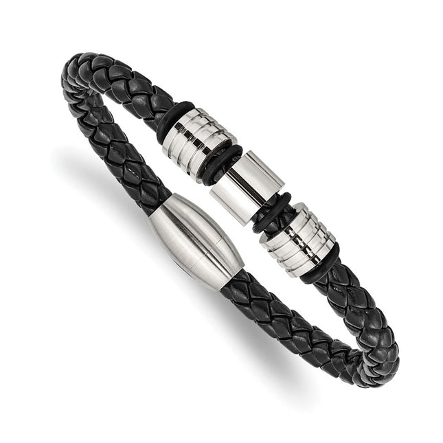 Stainless Steel & Braided Black Leather Men's Bracelet