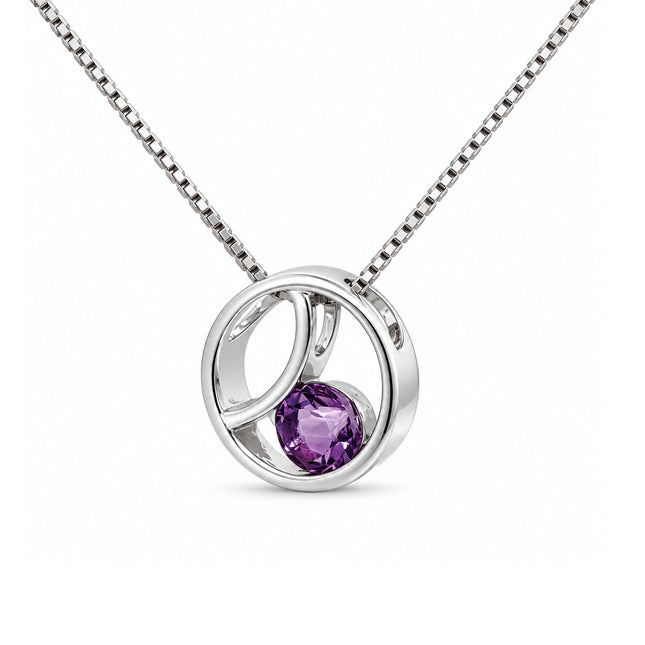 A side profile of a round amethyst sterling silver pendant hanging on a sterling silver box chain