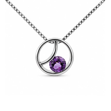 A genuine round amethyst in a sterling silver pendant hanging on a sterling silver box chain 