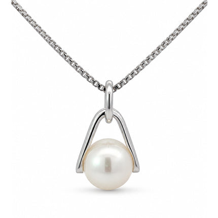 A sterling silver freshwater pearl pendant hanging on a sterling silver chain. 