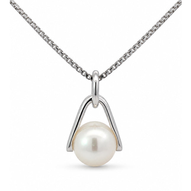 A sterling silver freshwater pearl pendant hanging on a sterling silver chain. 