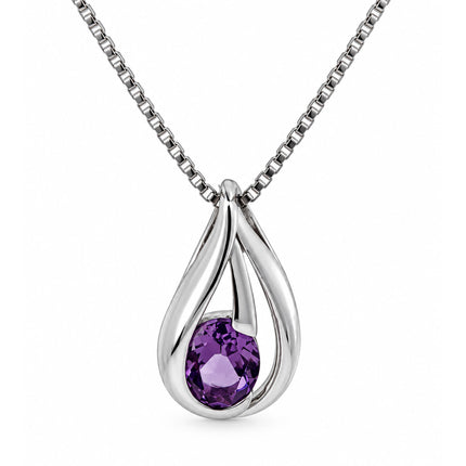 An oval shape amethyst set in a teardrop shape pendant hanging on a sterling silver necklace. 