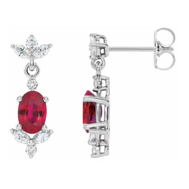 Oval Ruby & Diamond Floral Drop Earrings
