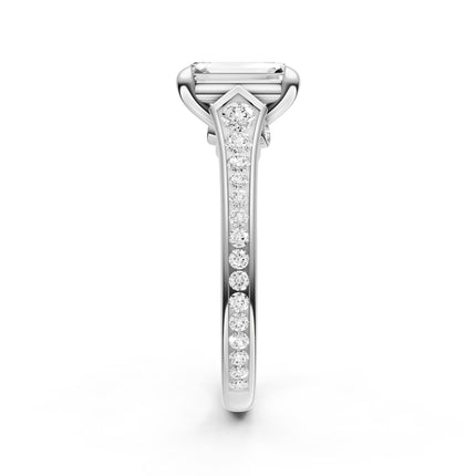 A side view of a white gold, diamond accent engagement ring