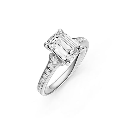 A white gold, diamond accent, emerald cut engagement ring. 