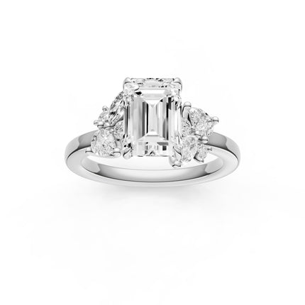 A top view of a white gold emerald cut floral inspired diamond engagement ring