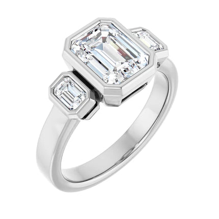 Three Stone Bezel Set Emerald Cut Engagement Ring