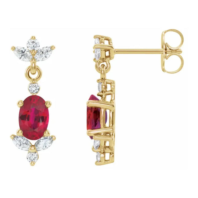 Oval Ruby & Diamond Floral Drop Earrings