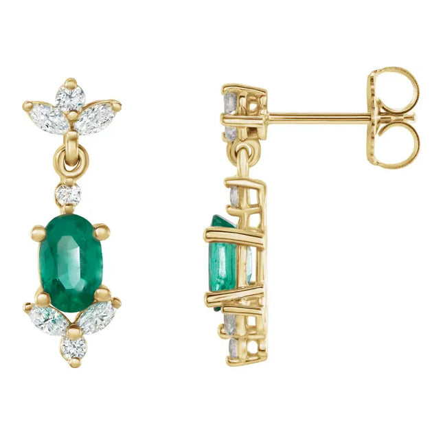 Oval Emerald & Diamond Drop Earrings